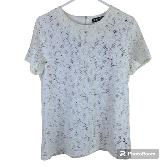 Lauren Ralph Lauren lace cutout short sleeve top with zipper back - Picture 1 of 7